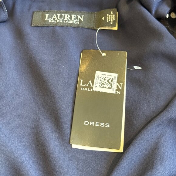 NWT Lauren Ralph Lauren Midi Dress Polka Dot Navy White Chiffon V-Neck Size 4 - Picture 2 of 13